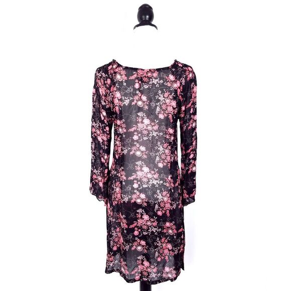 Angie Boho Floral Print Lace-Up Open Front Sheer Tunic Top Black Pink Size Med… - Picture 4 of 5